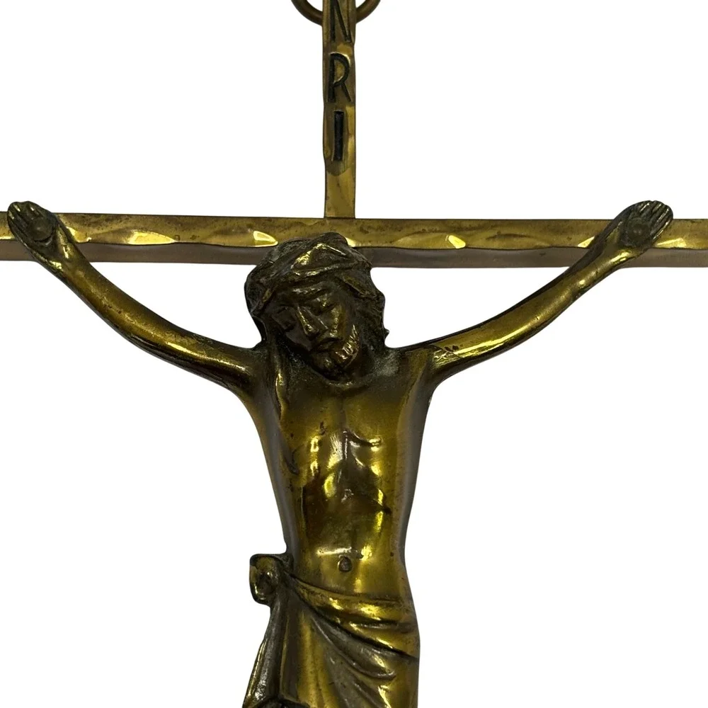 Vintage Brass Wall Crucifix INRI Hammered Metal Religious Cross Jesus Corpus 10" - Picture 1 of 9